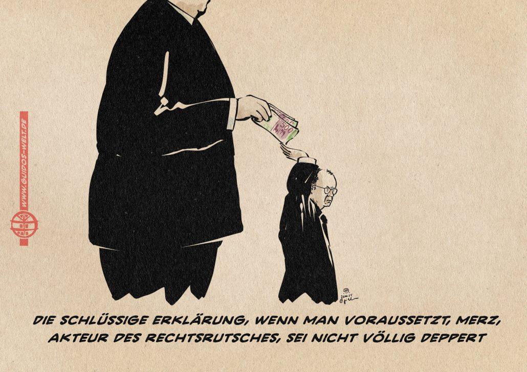 Illustration der berühmten Fotocollage von Heartfield zitierend steht Merz mit erhobener, offener Hand rücklings vor einem überlebensgroßen Mann im Anzug, welcher ihm Geldscheine in die Hand legt. Textzeile: Die schlüssige Erklärung, wenn man voraussetzt, Merz, Akteur des Rechtsrutsches, sei nicht völlig deppert.
