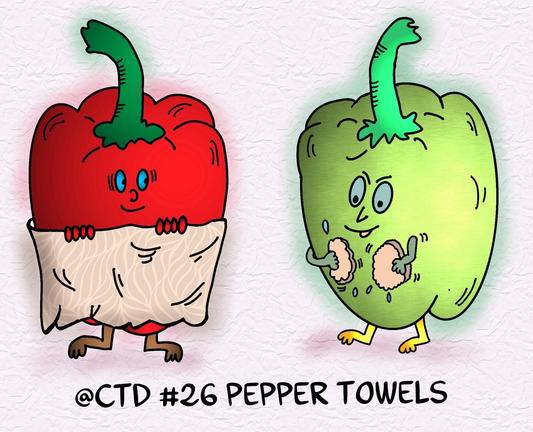 A playful illustration featuring a red bell pepper character holding a towel and a green bell pepper character appearing to clean itself with sponges. The background is light, and the text at the bottom reads "@CTD #26 PEPPER TOWELS."