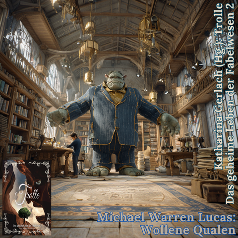 Hintergrund:
Midjourney Prompt: A large, burly troll standing in the center of a spacious room with high ceilings, arms stretched out sideways. The troll is wearing a half-finished tailored suit with visible seams and one missing sleeve. A tailor is sewing on the suit with a needle and thread. The room's walls are lined with shelves filled with fabric bolts and textile rolls. Professional tailoring workshop atmosphere, detailed stitching work, fantasy creature getting fitted for custom clothing, cinematic lighting, highly detailed --raw
Linke unter Ecke:
Cover des Buchs "Trolle - Das geheime der Fabelwesen 2" von Katharina Gerlach
Text:
Katharina Gerlach: Das geheime Leben der Fabelwesen 2
Michael Warren Lucas: Wollene Qualen