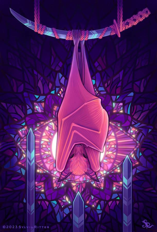 This peaceful card is about rest, contemplation, and solitude. Therefore I chose a relaxed and meditating secluded bat. Thinking about the next steps, taking a break from the overwhelming outside world.
In the background, we can see a church window representing the external surroundings. The eye-shaped glass decoration of the sacred window emphasizes the bat's deep focus on meditation, healing, and self-reflection.
A single Katana sword hanging from the ceiling with the help of steel strappings is more prominent. It emphasizes the focus on the bat which placed its webbed feet on it. Collecting strength to meet the outside world again.
New battles are waiting ahead represented by the remaining three swords visible at the bottom and pointing toward the bat's direction.
https://www.deviantart.com/sylviaritter/art/Four-of-Swords-990482775