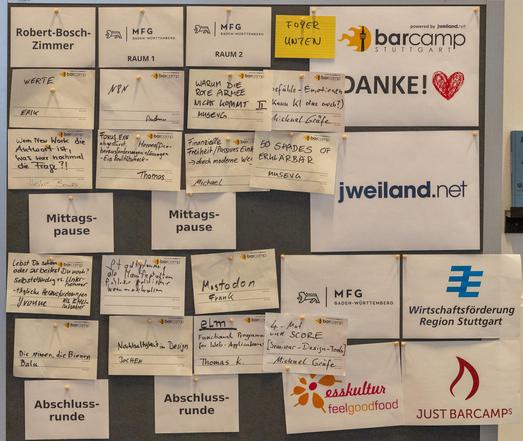 Bild von der Pinwand mit dem Sessionplan des barcamp Stuttgart. Viele Zettel hängen mit den Themen darauf.