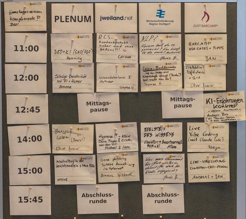 Bild von der Pinwand zweiter Teil mit dem Sessionplan des barcamp Stuttgart.