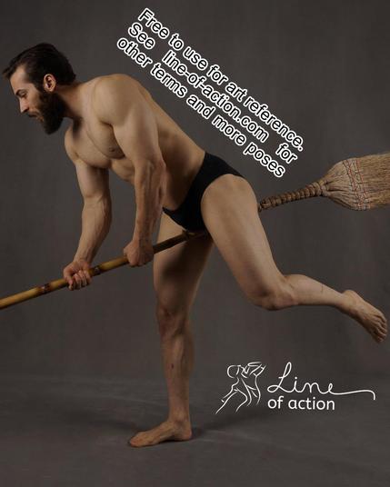 Model Sadeq stands with a broomstick between his legs, as if he is riding it. He grips the handle with both hands tightly, and tips his body forward, one leg off the ground behind him, as if he is entering a dive. The Line of Action logo is at the bottom. Text reads free to use for art reference. See line-of-action.com for other terms and more poses.