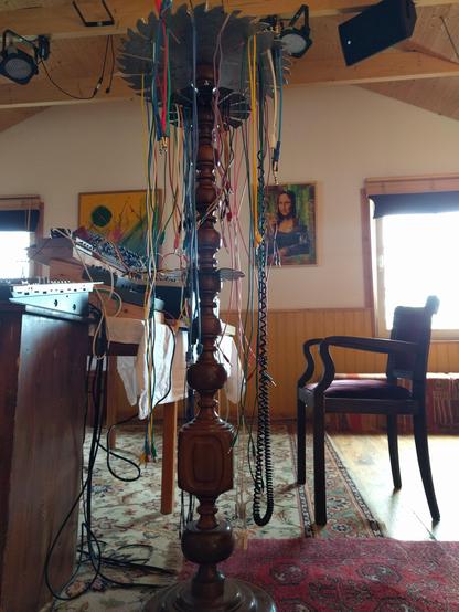 The wiring harness hanging down from below with lots of cables