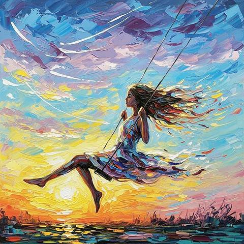 A young girl is joyfully swinging against a brilliant sunset, her hair flowing freely in the breeze.