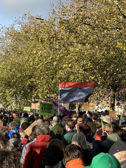 Stoet mensen, bomen in herfstblad op achtergrond. Boven de mensen steekt een Nederlandse vlag uit, waarvan het blauw als stijgend water inmiddels het rood in de bovenste baan bereikt heeft