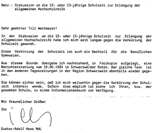 Schreiben des Abgeordneten Gustav-Adolf Haas (SPD) an mich zum Thema Schulzeit (1993)