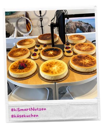 Blogillustration mit Foto, dem generative KI mehrere Käsekuchen-Platten hinzufügte