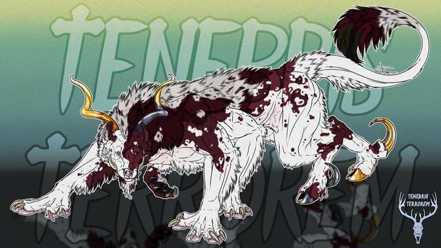 Drawing of a hexapod creature with traits of many animals mixed together, vooves, raptor claws and horns of gold and silver and a piebald pattern on it's body.