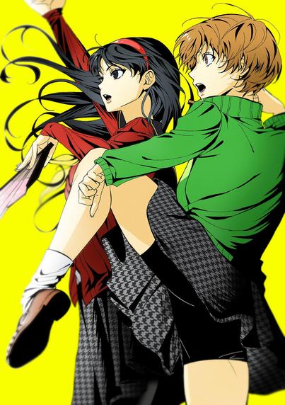 Anime-style fanart of Yukiko Amagi and Chie Satonaka from Persona 4 Golden, preparing to fight. Yukiko, in a red outfit with a black skirt, holds a fan in a dynamic pose. Chie, in a green sweater and checkered skirt, raises one leg and leans forward with a surprised expression. Bright yellow background enhances the action scene