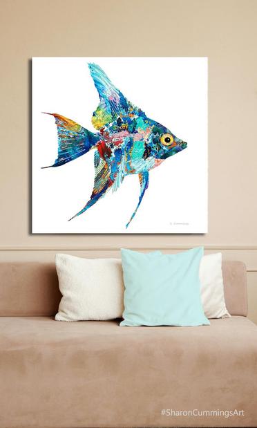 Colorful angelfish on white by artist Sharon Cummings.