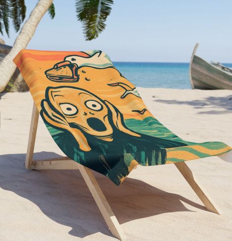 Beach towel draped over a chair at the beach. The towel is designed by art inspired by the famous Scream painting, where he is screaming because his food is being taken by a seagull