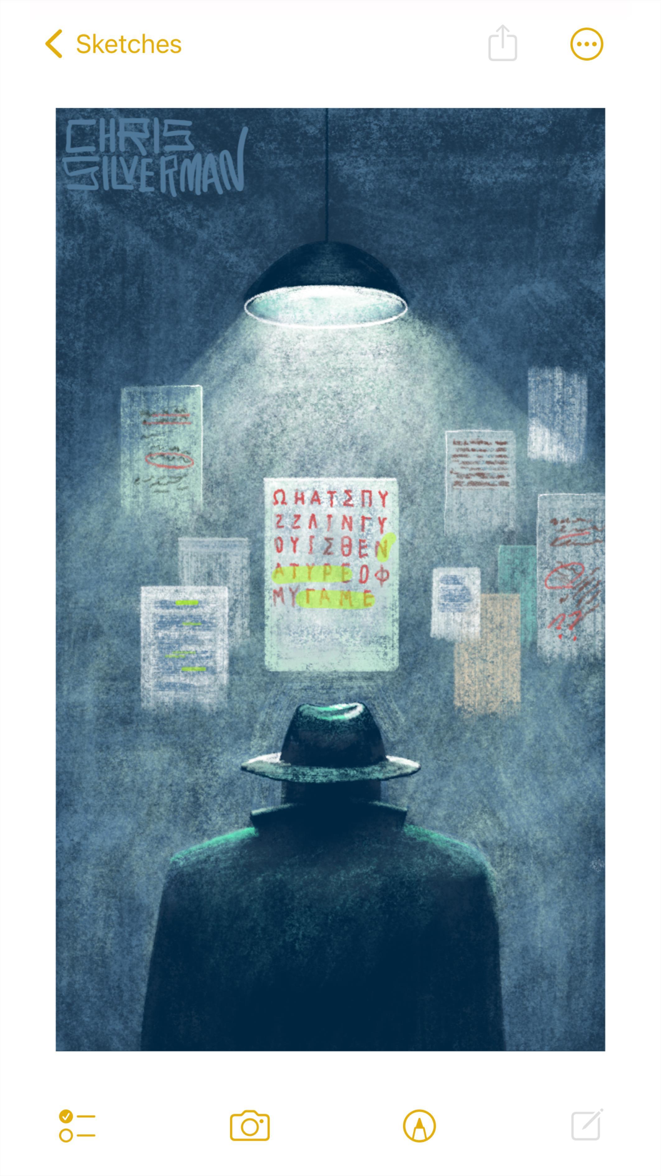 A dark, grim room illuminated with bleak greenish light by a single lamp hanging from the ceiling. Standing in the middle of the room, back to the viewer, is a detective wearing a dark suit and a hat. The detective is staring at a wall, on which are haphazardly taped various sheets of paper with text and handwriting on them. The papers show frenetic scribbles surrounded by red circles, annotations, and yellow highlighter markings. None of this text is legible except for that which is printed in red, on the largest sheet of paper. That text has the characters ΩΗΑΤΣΠΥΖΖΛΙΝΓΥΟΥΙΣΤΗΕΝΑΤΥΡΕΟΦΜΥΓΑΜΕ. The painting is signed “Chris Silverman”.