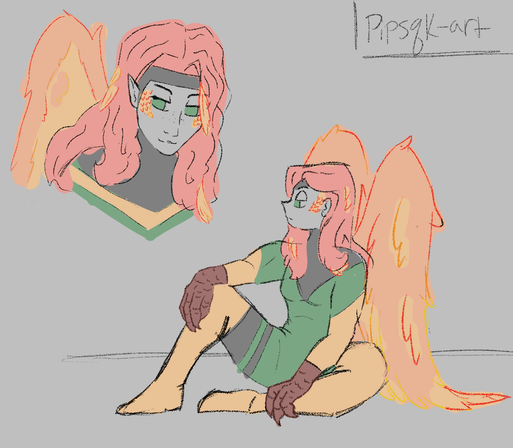 ID: Two colored sketches of Jean Grey as the Phoenix with more prominent bird features. She has wings, small feathers along her cheeks, feathers growing in her hair, and hands reminiscent of bird claws. End ID.
