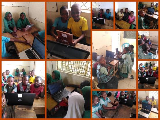 Collage aus ca. 10 Fotos. Alle zeigen Szenen aus dem kenianischen Projekt. Auf Holztischen stehen aufgeklappte Laptops, davor Kinder und Jugendliche. Auf den Bildschirmen sieht man teilweise den Linux-Anmeldebildschirm oder Lernprogramme.