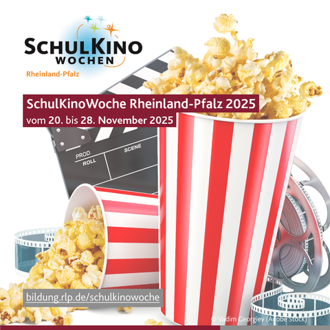 Daten aus dem Post illustriert durch Schulkinowochen-Logo, Popcorneimer und Filmrolle