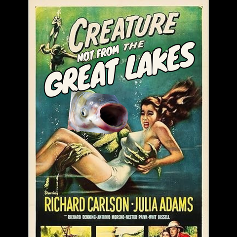 A parody of the Creature of the Black Lagoon horror movie poster where the creature is replaced by an invasive carp and the title is changed to Creature Not From the Great Lakes