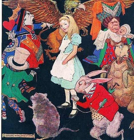 Cover of Good Housekeeping March 1923. Alice is surrounded by the White Rabbit, Dormouse, Mad Hatter, Queen of Hearts, Gryphon, The Duchess, and the Mock Turtle.