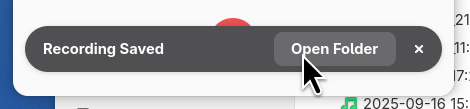 A screenshot of the audio recording app "Reco" showing an in-app notification that says "Recording Saved" with the corresponding "Open Folder" button