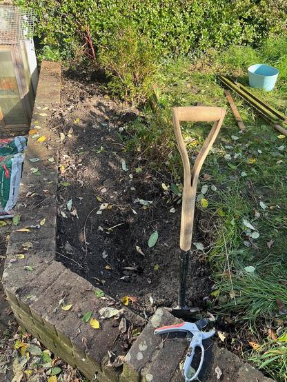 Raised bed where the willow used to live. A spade is in the foreground. There's a hole where the roots of the willow were