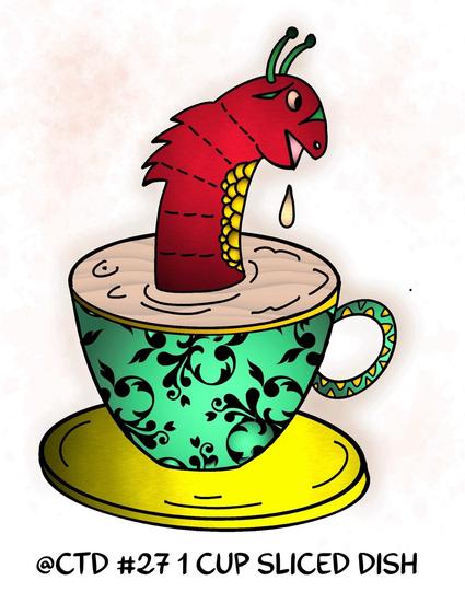 A whimsical illustration depicting a red creature resembling a dragon or worm emerging from a teal teacup decorated with floral patterns. The cup sits on a yellow saucer, and there is a droplet falling from the creature's mouth. 