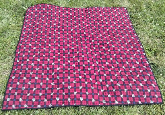 the back of the quilt, it is red with darker bars on it, white flowers at the intersections of the lines