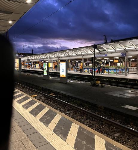 Foto des Hbf Freiburg, wartende Menschen am überdachten beleuchteten Gleis am Abend. Himmel lila-dunkelblau mit hellen Stellen.