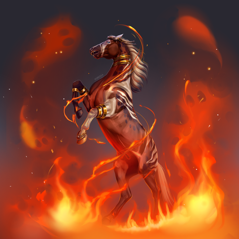 A digital illustration of a horse with stripes and spots rearing in a ring of fire scared of fire ghosts on Halloween night