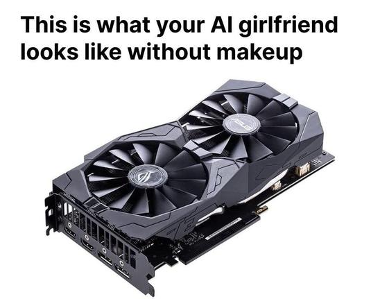 Photo of a high-end graphics card with the caption: This is what your AI girlfriend looks like without makeup. 
