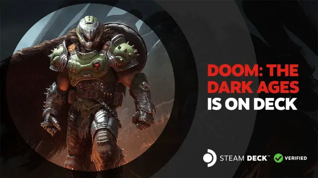 Grafika promocyjna Bethesdy dotycząca zweryfikowania DooM: The Dark Ages na platformie Steam Deck.