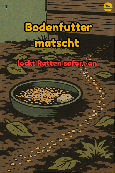 Nasse Futterschale am Boden, altes Futter verklumpt im Laub, deutliche Krümelspur zur dunklen Nagersilhouette