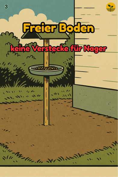 Freigeräumter Boden unter der Futterstelle, kurze Schnittfläche statt Laubhaufen, kein Versteck für Nager