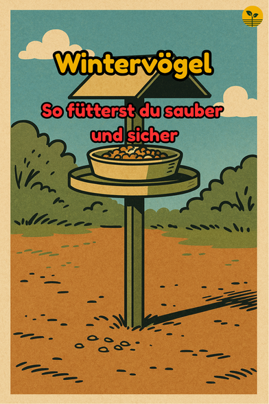 Erhöhte Futterstelle mit kleinem Dach und rundem Auffangring, Körner liegen trocken und sauber auf der Fläche