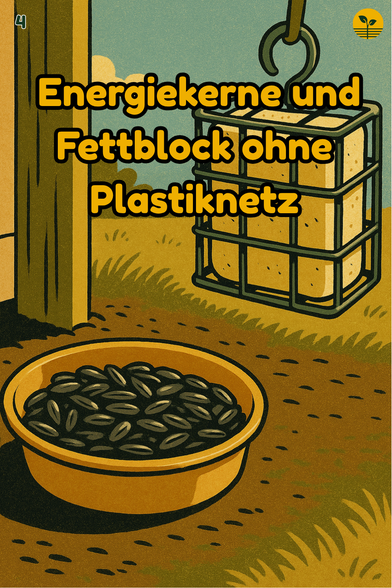 Nahaufnahme von Sonnenblumenkernen und einem festen Fettblock in einem Metallhalter, klar und sauber aufgehängt