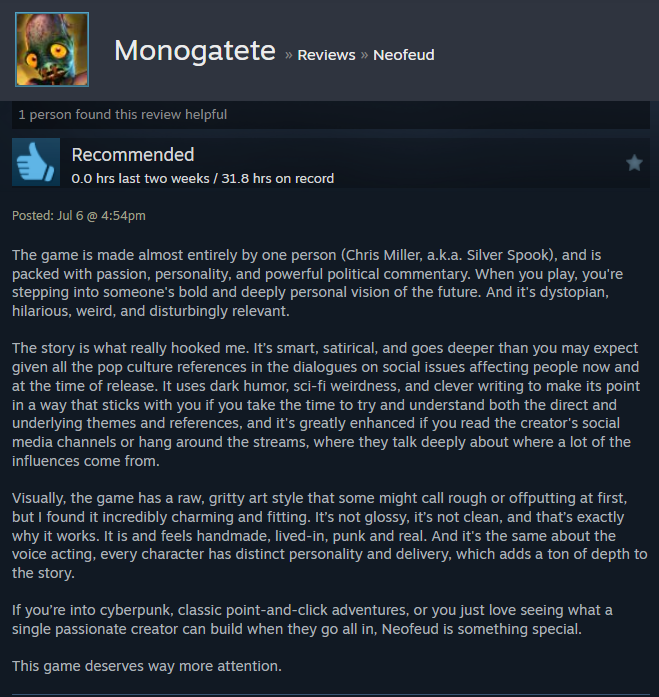 "Neofeud is packed with passion, personality, and powerful political commentary. When you play, you're stepping into someone's bold and deeply personal vision of the future."