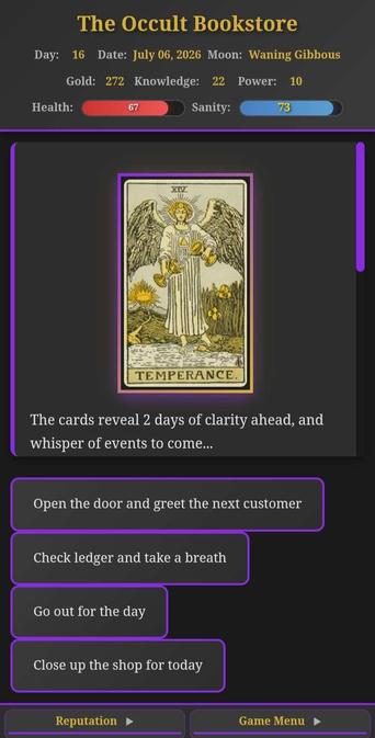 A screenshot of "The Occult Booksore" game showing the Temperance tarot card in the main display area and menu choices below.