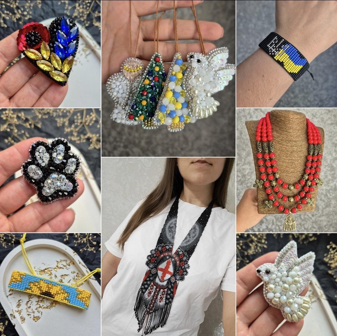 A collage of 8 photos of handmade beaded and rhinestone jewelry made in Ukraine. Images include: a heart brooch in the colors of the Ukrainian flag with a poppy; Christmas angel ornaments; a patriotic bracelet for the hand; a brooch with an animal paw and rhinestones; a bright red necklace with a cross; a necklace with a silyanka on a model; a bracelet made of beads in the colors of the flag with a sunflower; a brooch with a dove of peace.