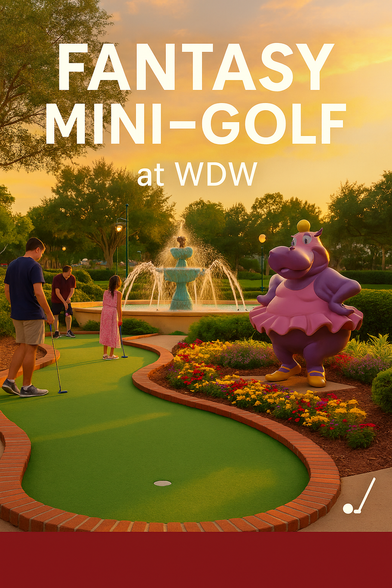 Guests playing colourful, Disney-themed mini-golf at Fantasia Gardens & Fairways near Walt Disney World, with dancing hippos, musical fountains and lush landscaping.