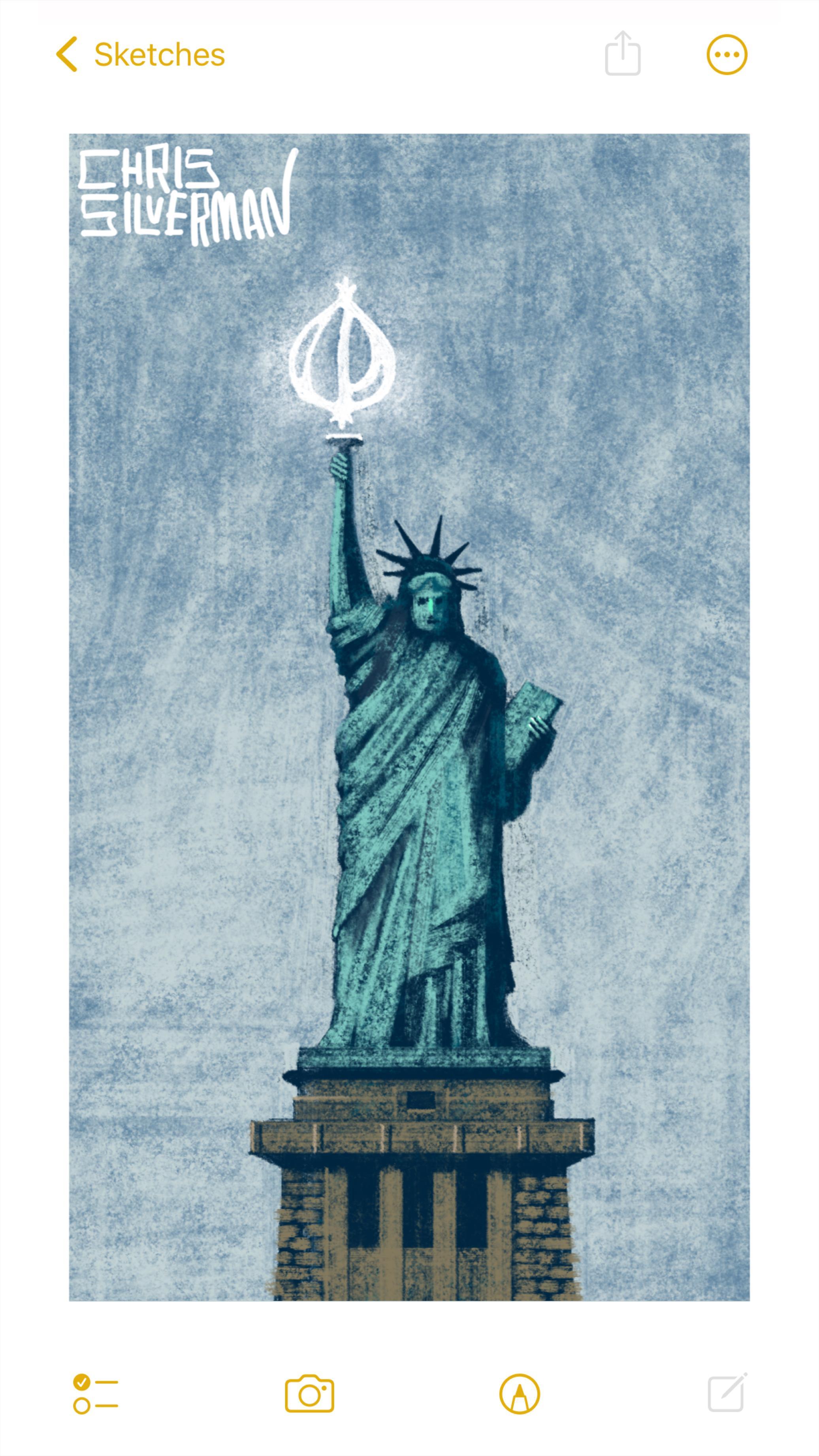The Statue of Liberty, an enormous green metal statue of a woman wearing a robe and carrying a book and torch, stands against a gray sky. The statue stands on a brown stone base. In place of a torch, it is holding up a glowing white logo for the satirical publication The Onion. Quoting Thomas More, “The devil...the proud spirit...cannot endure to be mocked.” The painting is signed “Chris Silverman”.