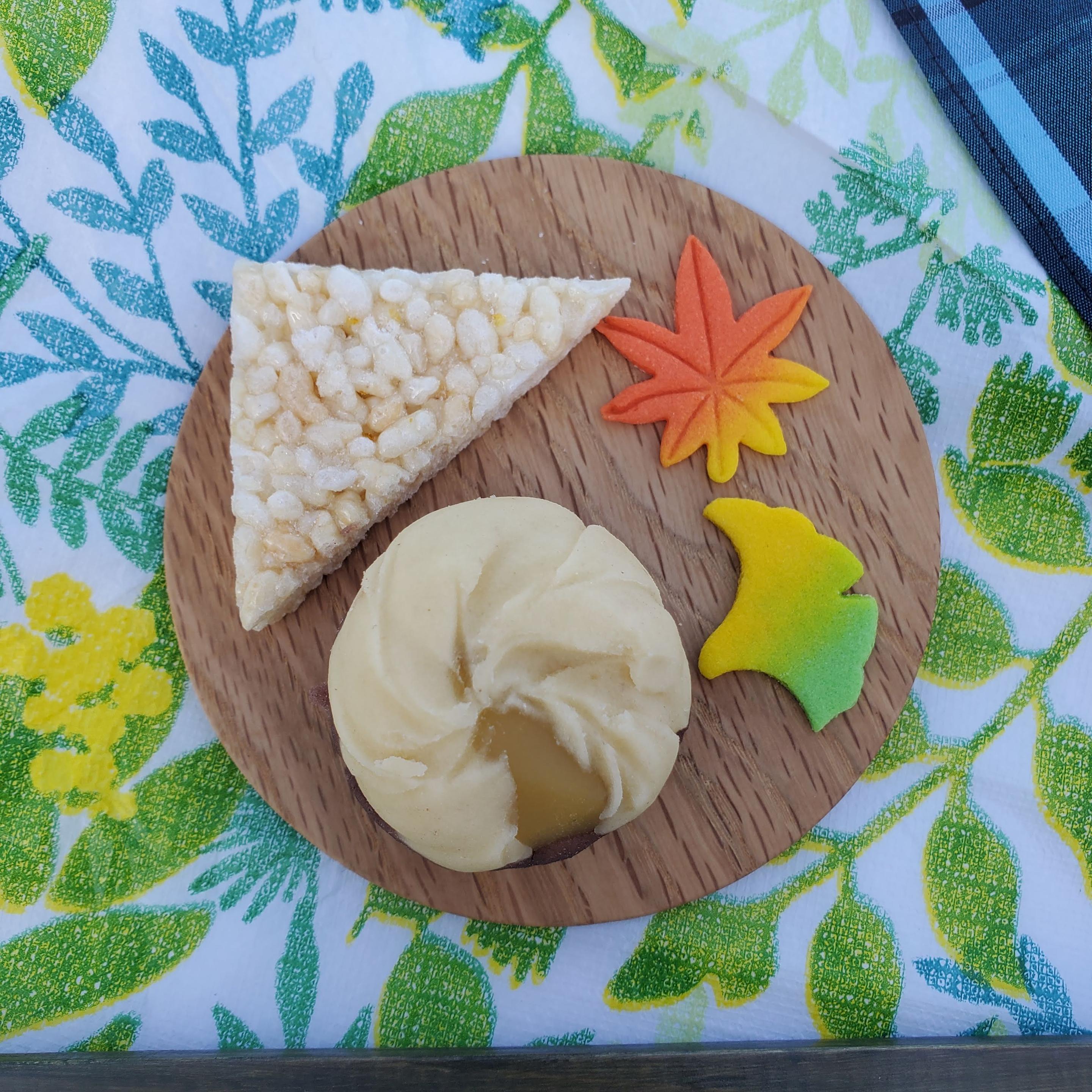 A selection of autumn sweets (including some in the shape of a bright maple leaf and ginkgo leaf).