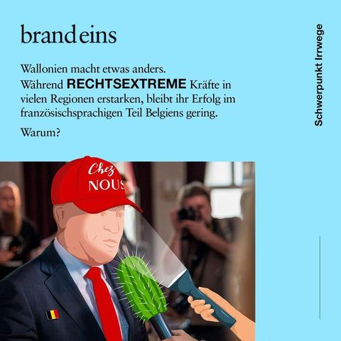 Illustration von Donald Trump im Anzug, der eine rote Basecap mit der Aufschrift „Chez Nous“ trägt. Vor seinem Gesicht wird ein Mikrofon gehalten, dessen Schaumaufsatz einen stacheligen, grünen dargestellt ist. Im Hintergrund sind unscharf Menschen und Kameras zu erkennen. Oben links steht „brandeins“, rechts vertikal „Schwerpunkt Irrwege“. Darüber befindet sich ein Text über politische Entwicklungen in Wallonien.