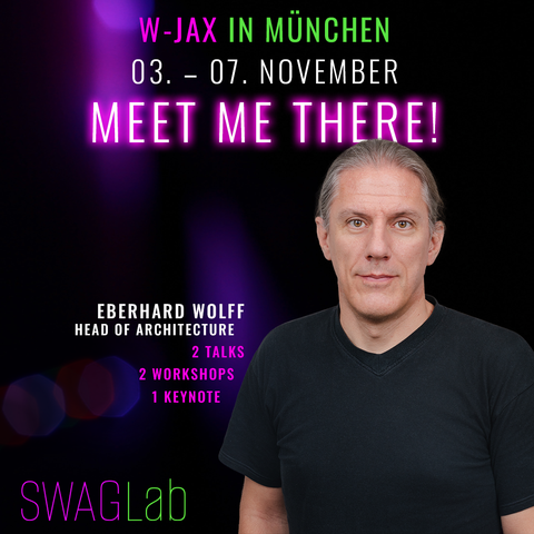 Porträt von Eberhard Wolff, Head of Architecture bei SWAGLab, vor dunklem Hintergrund mit violett-grünem Lichteffekt. Text im Bild: „W-JAX in München, 03.–07. November – Meet me there! Eberhard Wolff, Head of Architecture – 2 Talks, 2 Workshops, 1 Keynote“. Unten das SWAGLab-Logo in lila und grün.