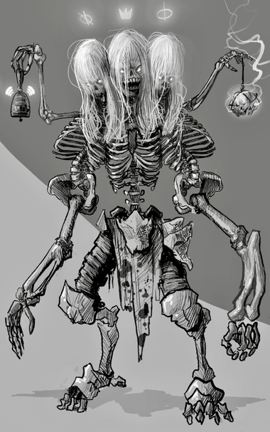 Une squelette a 3 corps et 3 têtes qui forment un golem d’os. 