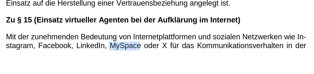 Screenshot eines Texts, das Wort "Myspace" ist hervorgehoben: "Mit der zunehmenden Bedeutung von Internetplattformen und sozialen Netzwerken wie Instagram, Facebook, LinkedIn, MySpace oder X für das Kommunikationsverhalten in der..."