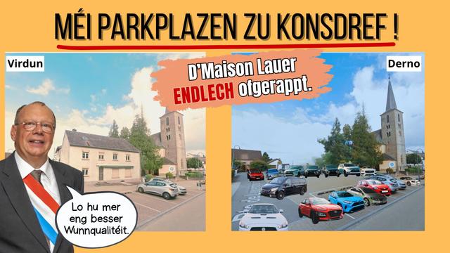Kondref. Fotomontage, splitt screen « virdrun-derno ». Lénks am Bild d’Duerfplaz mat der Maison Lauer. Riets am Bild d’Duerfplaz ouni Maison Lauer, mee mat engem neie Parking. An de Buergermeeschter, dee sech freet.