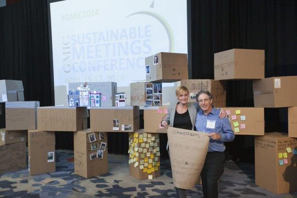 sustainability in meetings: photograph of Adrian Segar and Ann (Hansen) Berendtsen, meeting facilitators and designers at the 2014 GMIC Sustainable Meetings Conference. Photo attribution: Bay Area Event Photography