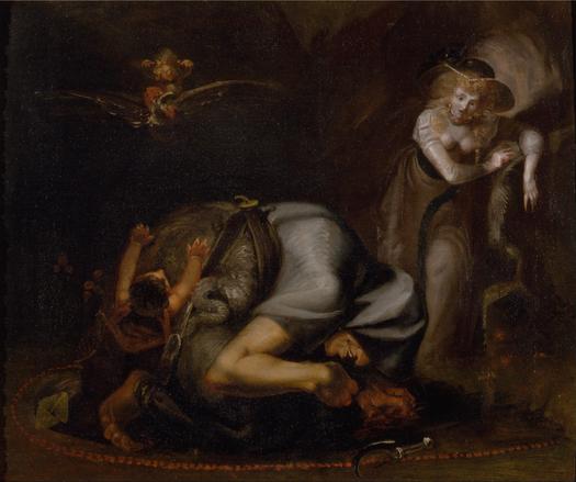 a painting, it is several figures in a shadowy interior, one hunched over with tools on the floor, they are getting ingredients ready for potions, a woman in 18th century dress looking surprised, a baby climbing on the witch, a serpent-like shape growing from her back, some kind of shadowy demon in the background 