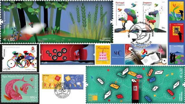 A montage of colorful stamps by João Machado.
