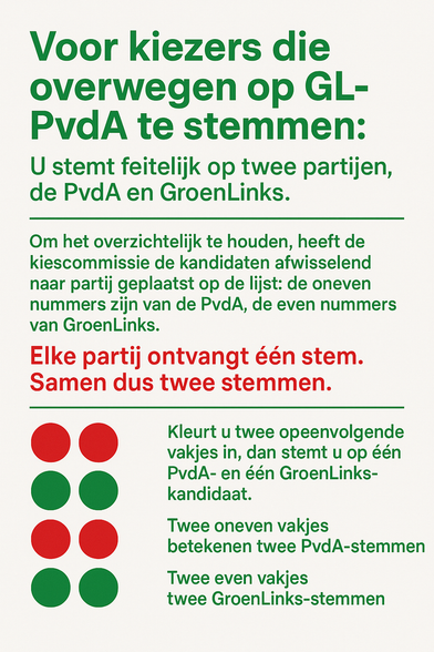 Voor kiezers die overwegen op GL-PvdA te stemmen: u stemt feitelijk op twee partijen, de PvdA en GroenLinks. Om het overzichtelijk te houden, heeft de kiescommissie de kandidaten afwisselend naar partij geplaatst op de lijst: de oneven nummers zijn van de PvdA, de even nummers van GroenLinks. Elke partij ontvangt één stem. Samen dus twee stemmen. Kleurt u twee opeenvolgende vakjes in, dan stemt u op één PvdA- en één GroenLinks-kandidaat. Twee oneven vakjes betekenen twee PvdA-stemmen; twee even vakjes twee GroenLinks-stemmen.