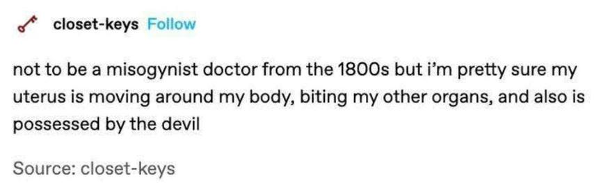 closet-keys

not to be a misogynist doctor from the 1800s but I'm pretty sure my uterus is moving around my body, biting my other organs, and is possessed by the devil

Source: closet-keys
